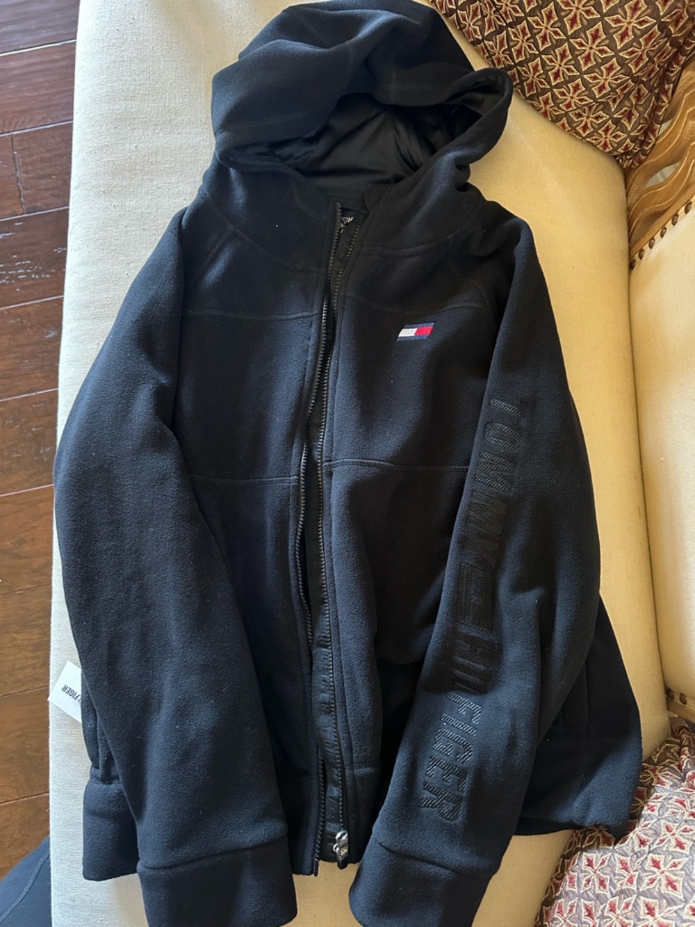 Tommy Hilfiger Black Hooded Zip-Up Fleece Jacket with Flag Patch